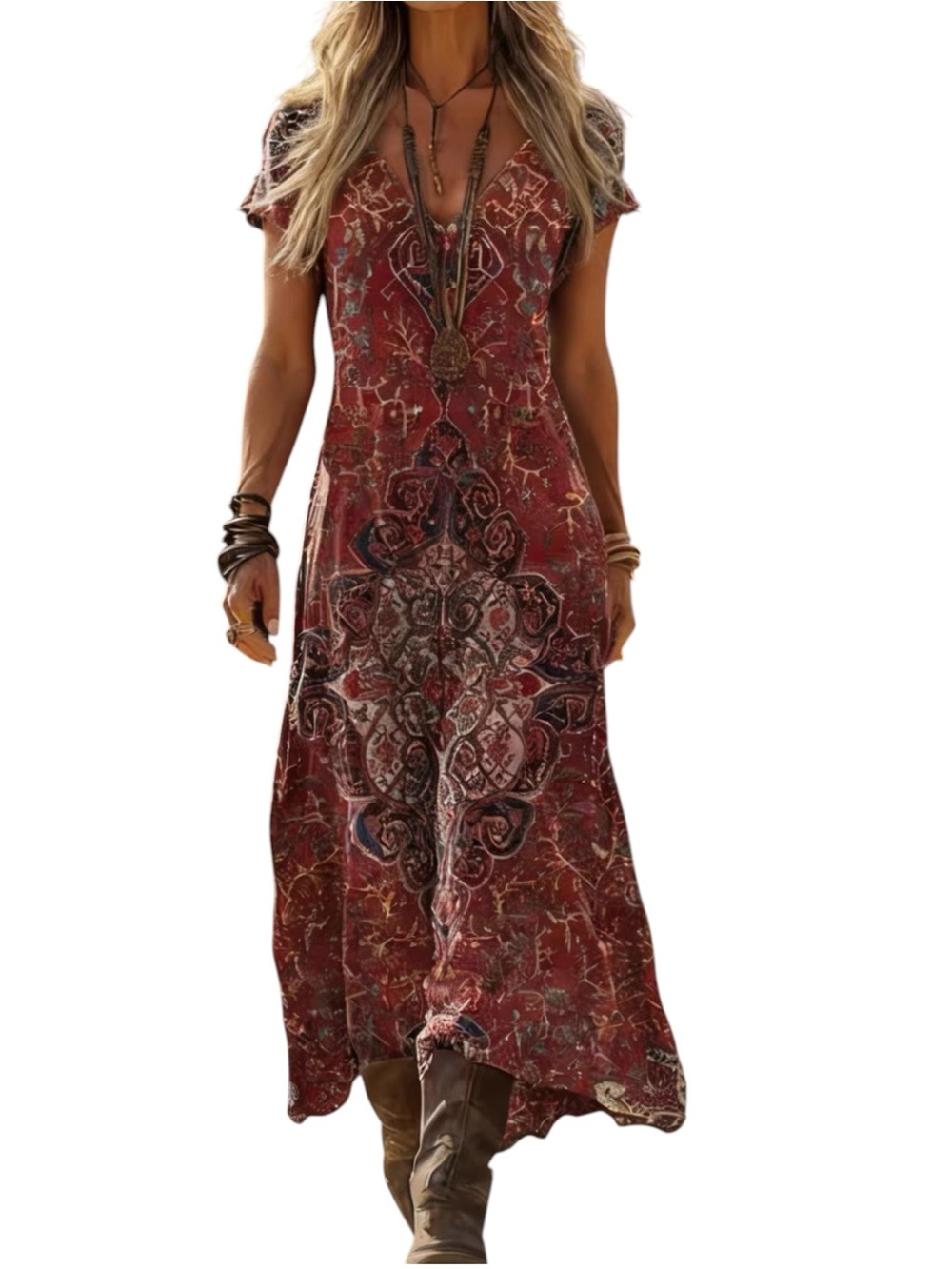 NEW Moya Boho Floral Print V Neck Maxi Dress Rust Red Flowy Bohemian